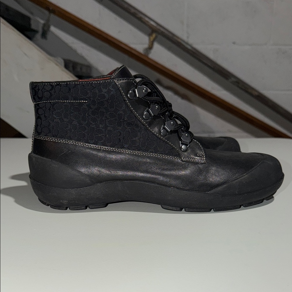 Coach Dyanne Black Leather Signature C Jacquard Rain Snow Boots. 